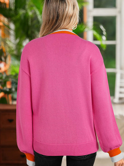 Contrast Crew Neck Pearled Decor Drop Shoulder Knit Sweater