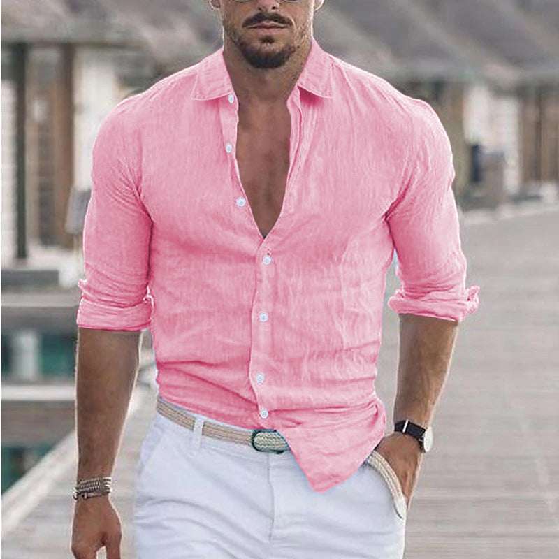 Men's Cotton And Linen Lapel Long Sleeve Solid Color Shirt