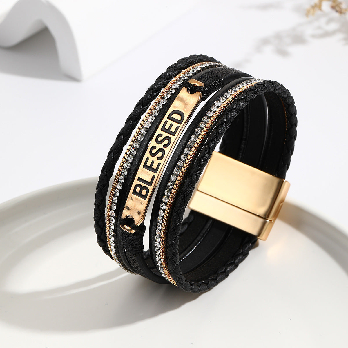 Bracelet en cuir synthétique de style ethnique avec plaque en alliage