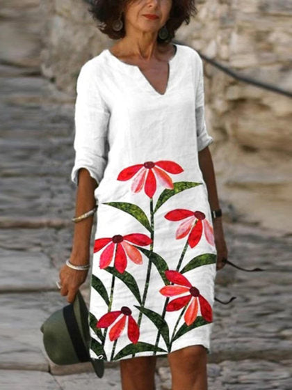 Vestido de talla grande con manga cinco puntos y cuello redondo de estilo literario