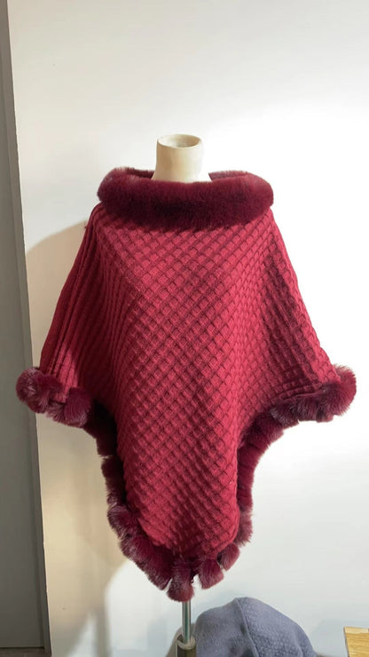 New Luxury Rabbit Fur Collar Shawl Cape for women Elegant Autumn Winter Fashion