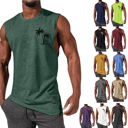 Coconut Tree Embroidery Men’s Muscle Tank – Beach Fitness Vest | S–L