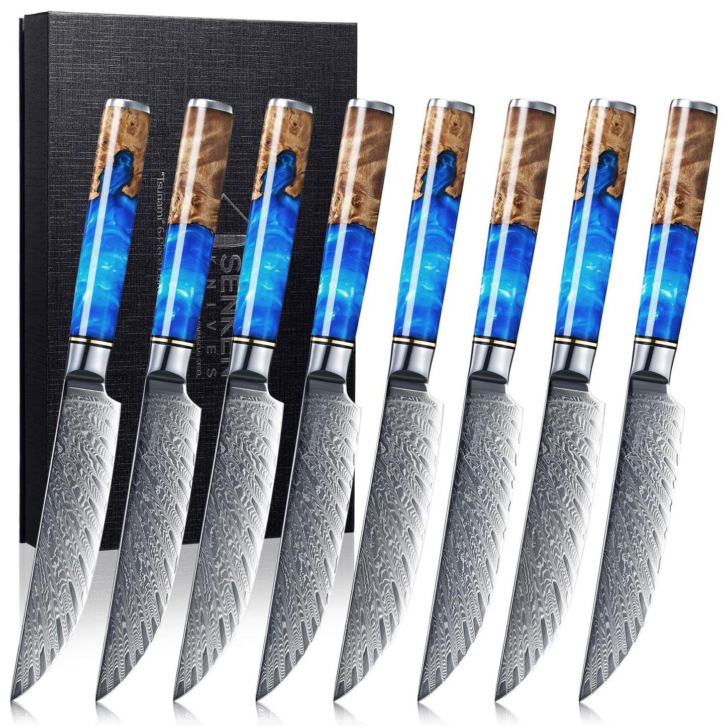 SENKEN Damascus Steak Knife Set - Tsunami Collection - 67-Layer Japanese VG10 Steel - Razor Sharp Non-Serrated Blades Blue Resin & Natural Wood Pattern Handles Luxury Gift Box (8 Steak Knife Set)