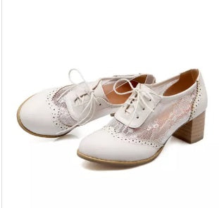 Zapatos de encaje de cabeza gruesa y redonda, zapatos de cuatro estaciones, zapatos de mujer de talla grande, zapatos de mujer