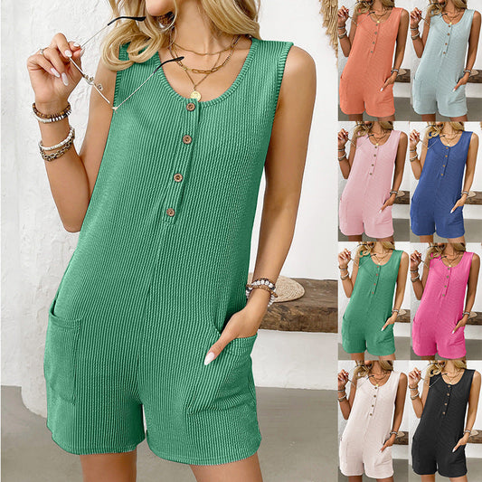 Combinaison d'été pour femmes, col rond, décontractée, sans manches, couleur unie, short avec poches, col roulé, vacances, plage