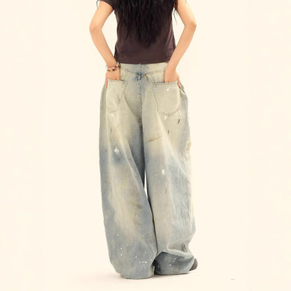 Washed Distressed Casual Loose Wide-leg Jeans Splash-ink Design Slimming Unisex Style Mop Pants Men And Women