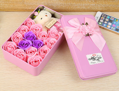 Fleur de Savon Rose, Coffret Cadeau Fleur, Cadeau Saint-Valentin pour Petite Amie, Très Grand Carré