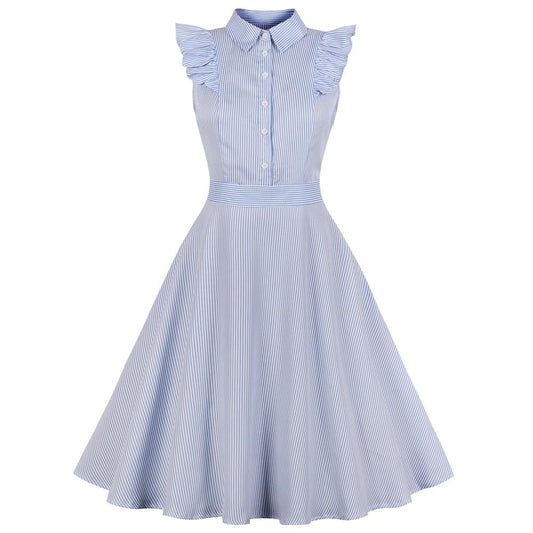 Robe rétro ajustée à rayures et à volants pour femme ronde