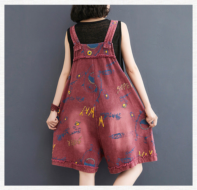 Short en jean ample à bretelles imprimé mode rétro pour femme