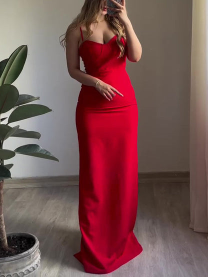 Red Sexy Back Slit Suspender Maxi Dress