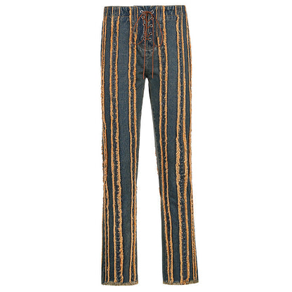 Mid-Rise Fashion Jeans With Raw Edges And Straps