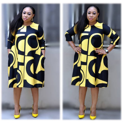 Women's fashionable Purple Printed Round Neck Mid Sleeve Plus Size Dress
