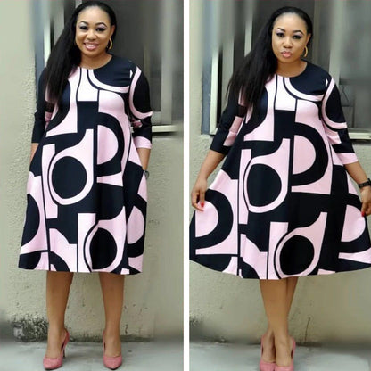 Women's fashionable Purple Printed Round Neck Mid Sleeve Plus Size Dress