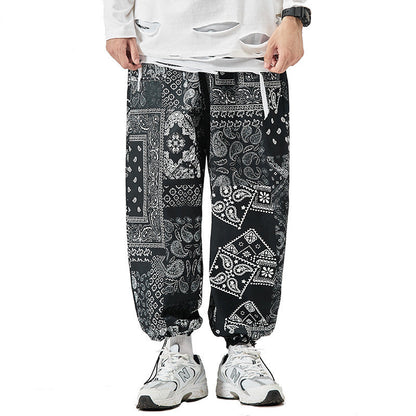 Drawstring Cashew Flower Wide-Leg Harem Pants
