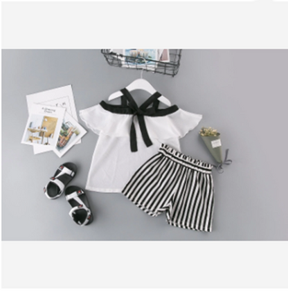 Two-piece Frilled Chiffon Shirt With Striped Shorts