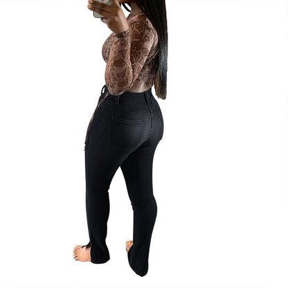 Jeans High-Rise Slim-Fit Split-Leg Pants