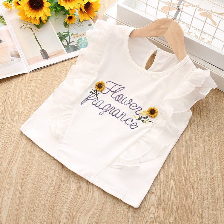 English Alphabet Sunflower Embroidery Blouse And Mesh Skirt Two-piece Suit