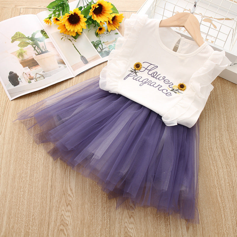 English Alphabet Sunflower Embroidery Blouse And Mesh Skirt Two-piece Suit