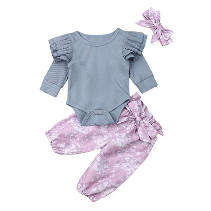 Solid Color Long-sleeved One-piece Romper Flower Pants Three-piece Suit