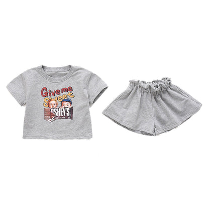 Ensemble t-shirt manches courtes à imprimé dessin animé et short taille dentelle pour fille