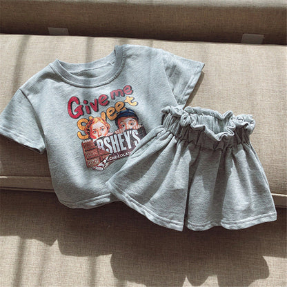 Ensemble t-shirt manches courtes à imprimé dessin animé et short taille dentelle pour fille