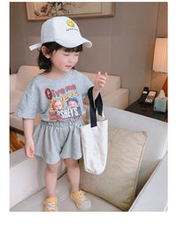 Ensemble t-shirt manches courtes à imprimé dessin animé et short taille dentelle pour fille