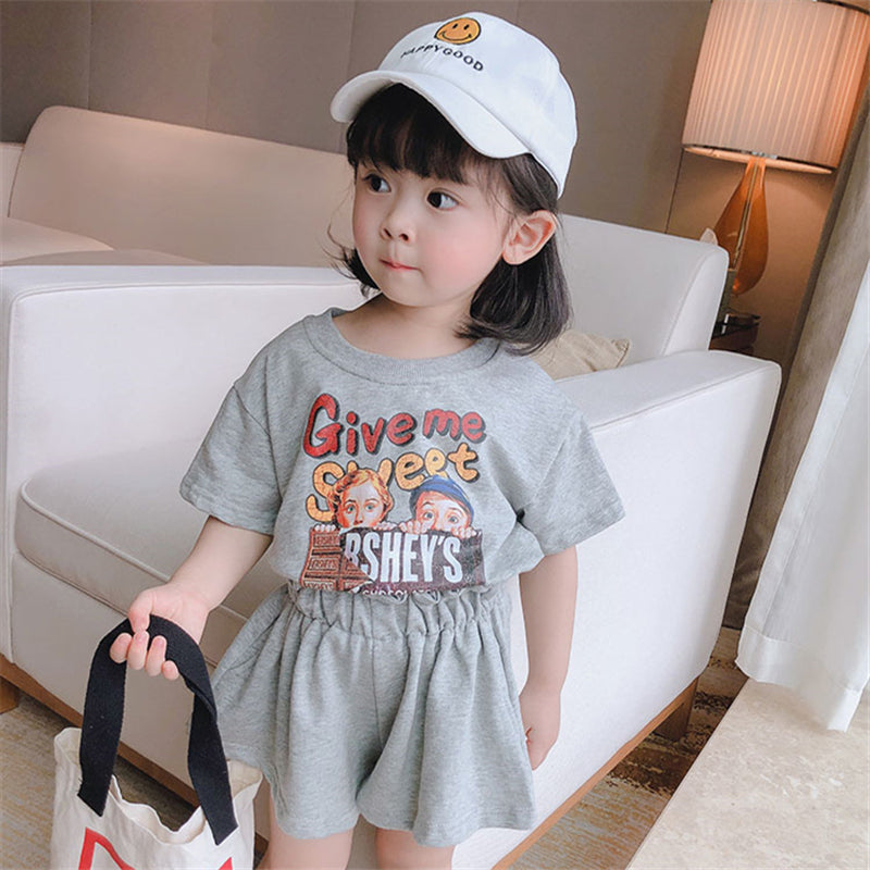 Ensemble t-shirt manches courtes à imprimé dessin animé et short taille dentelle pour fille