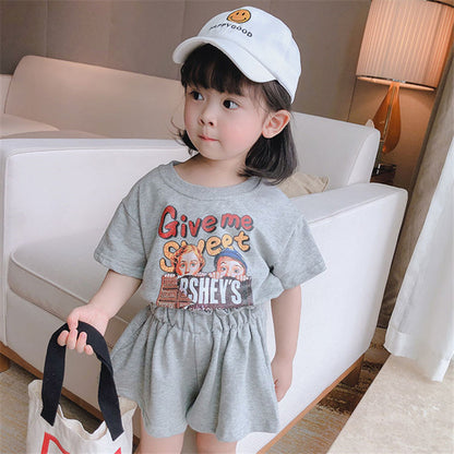 Ensemble t-shirt manches courtes à imprimé dessin animé et short taille dentelle pour fille