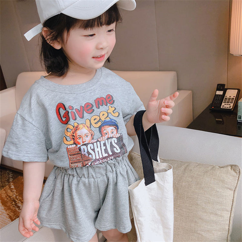 Ensemble t-shirt manches courtes à imprimé dessin animé et short taille dentelle pour fille