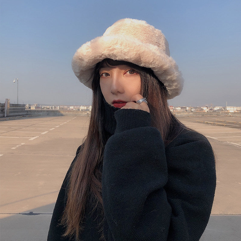 Chapeau de pêcheur japonais à dessus plat en fausse fourrure de lapin épaissie pour femme, collection hiver
