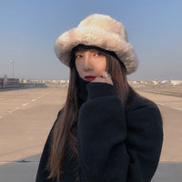 Chapeau de pêcheur japonais à dessus plat en fausse fourrure de lapin épaissie pour femme, collection hiver