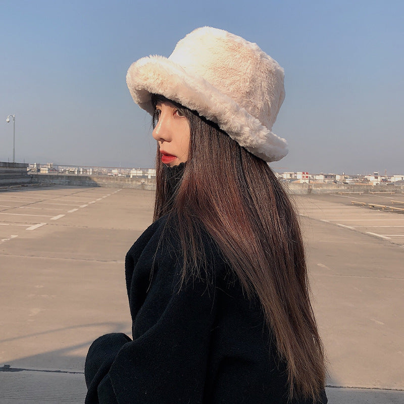 Chapeau de pêcheur japonais à dessus plat en fausse fourrure de lapin épaissie pour femme, collection hiver