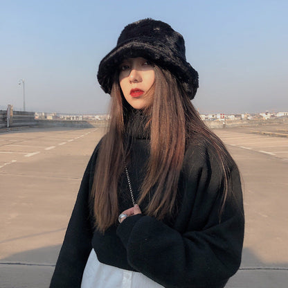 Chapeau de pêcheur japonais à dessus plat en fausse fourrure de lapin épaissie pour femme, collection hiver