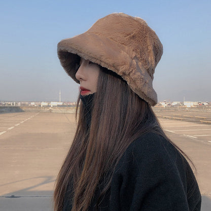 Chapeau de pêcheur japonais à dessus plat en fausse fourrure de lapin épaissie pour femme, collection hiver