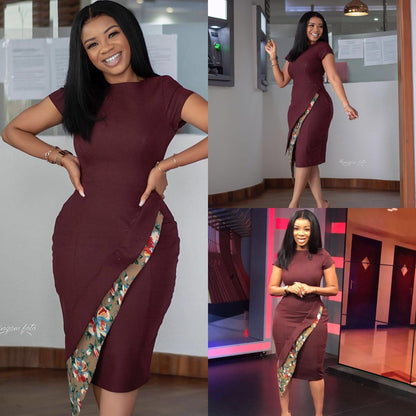 Short Sleeve Burgundy Floral Stitching Plus Size Dress