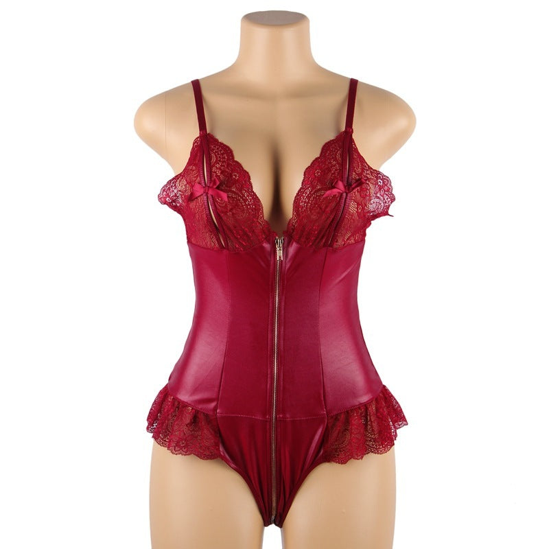 Sexy Lace Leather Stitching Zipper Sexy Bodysuit