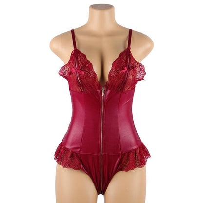 Sexy Lace Leather Stitching Zipper Sexy Bodysuit