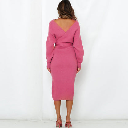 new SEXY RED Autumn And Winter Knitted Slim Double V-Neck FALL Sweater DRESS FOR WOMEN
