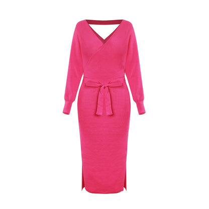 new SEXY RED Autumn And Winter Knitted Slim Double V-Neck FALL Sweater DRESS FOR WOMEN