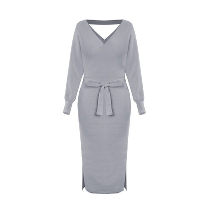 new SEXY RED Autumn And Winter Knitted Slim Double V-Neck FALL Sweater DRESS FOR WOMEN
