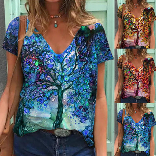 T-shirt à manches courtes ample et imprimé à col en V peint grande taille pour femme