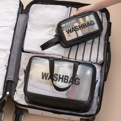 Bolsa de aseo transparente portátil coreana de gran capacidad para viaje, bolsa de cosméticos de PU impermeable esmerilada, bolsa de almacenamiento de productos para el cuidado de la piel