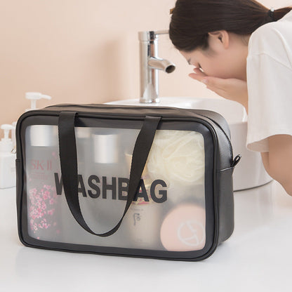 Bolsa de aseo transparente portátil coreana de gran capacidad para viaje, bolsa de cosméticos de PU impermeable esmerilada, bolsa de almacenamiento de productos para el cuidado de la piel