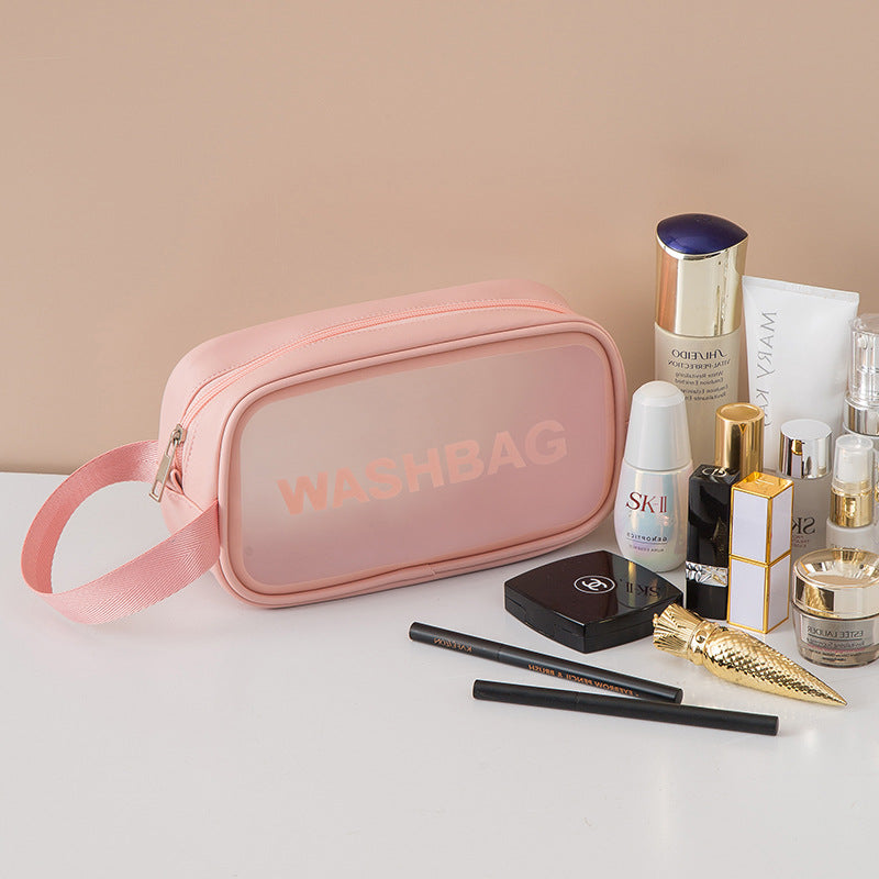Bolsa de aseo transparente portátil coreana de gran capacidad para viaje, bolsa de cosméticos de PU impermeable esmerilada, bolsa de almacenamiento de productos para el cuidado de la piel