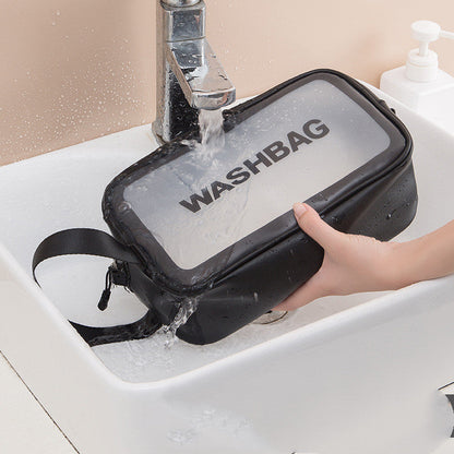 Bolsa de aseo transparente portátil coreana de gran capacidad para viaje, bolsa de cosméticos de PU impermeable esmerilada, bolsa de almacenamiento de productos para el cuidado de la piel