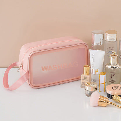 Bolsa de aseo transparente portátil coreana de gran capacidad para viaje, bolsa de cosméticos de PU impermeable esmerilada, bolsa de almacenamiento de productos para el cuidado de la piel