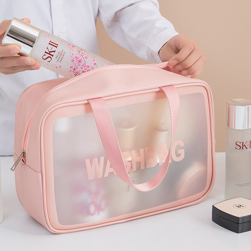 Bolsa de aseo transparente portátil coreana de gran capacidad para viaje, bolsa de cosméticos de PU impermeable esmerilada, bolsa de almacenamiento de productos para el cuidado de la piel