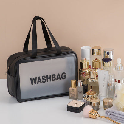 Bolsa de aseo transparente portátil coreana de gran capacidad para viaje, bolsa de cosméticos de PU impermeable esmerilada, bolsa de almacenamiento de productos para el cuidado de la piel