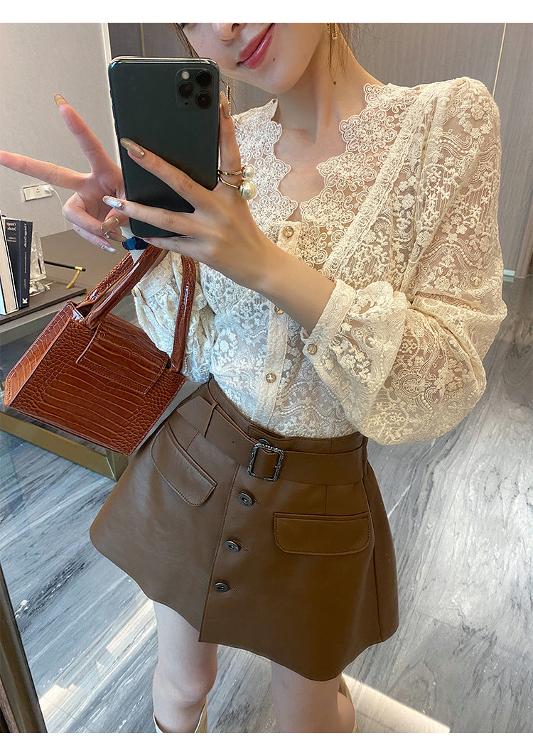 Women's Lace Splice Striped Blouse