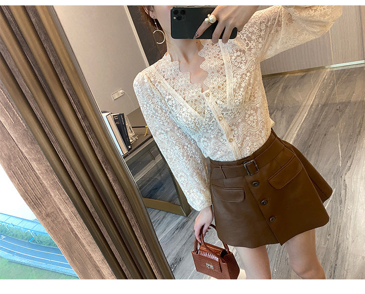 Women's Lace Splice Striped Blouse